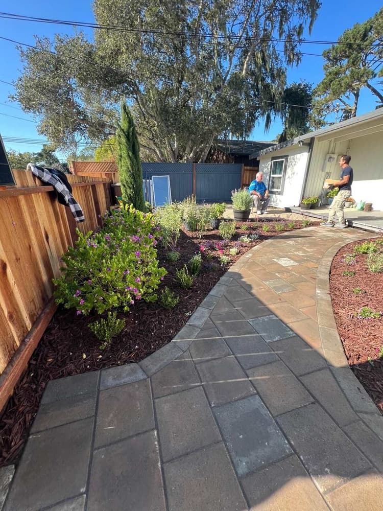 Curved paver path with garden beds and a new fence